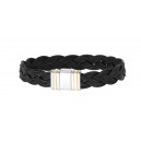 Bracelet cuir noir  tressé avec fermoir plaque bicolor - 195NFB